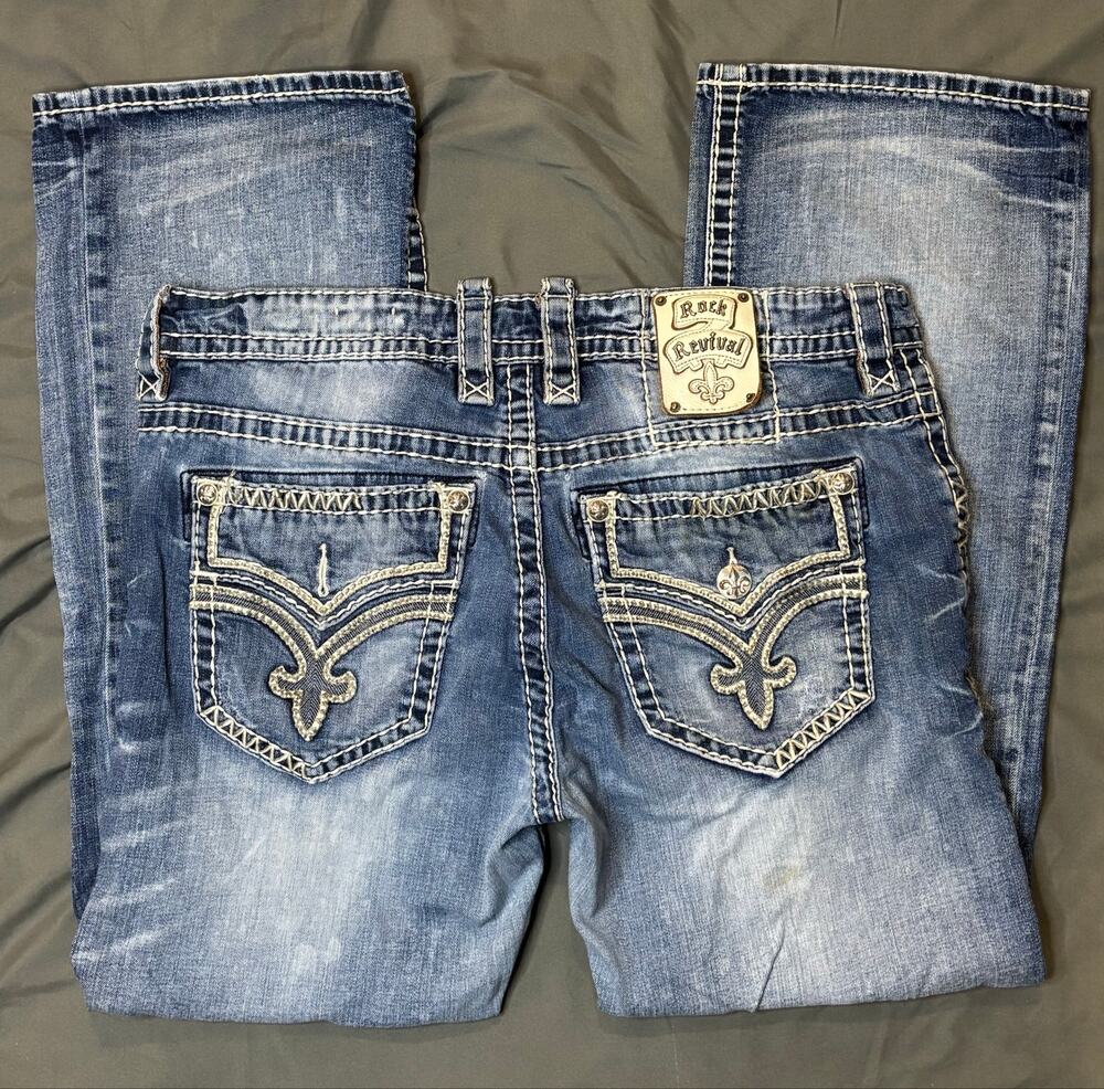 Rock Revival Endre Bootcut Jeans Men’s 36 Heavy Stitch Fleur De Lis Blue Denim